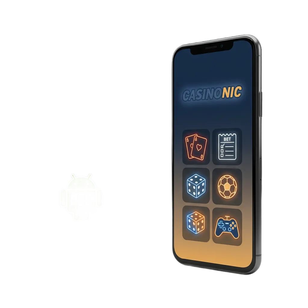 Casinonic Android app screen showing mobile betting, casino games, and quick access to markets and payments.