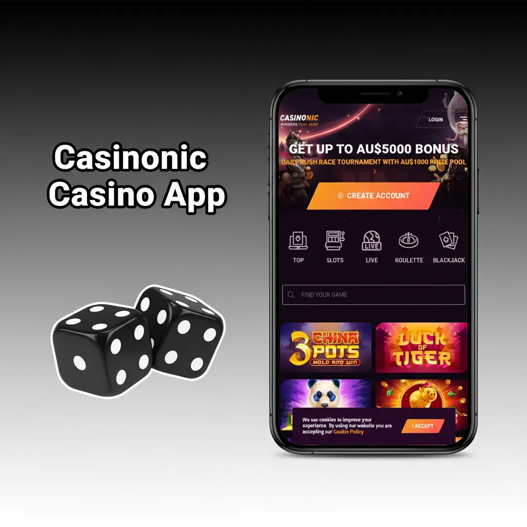 Casinonic Casino app on phone showing sports/casino tabs, slot thumbnails, table games, live dealer banner, and promotions
