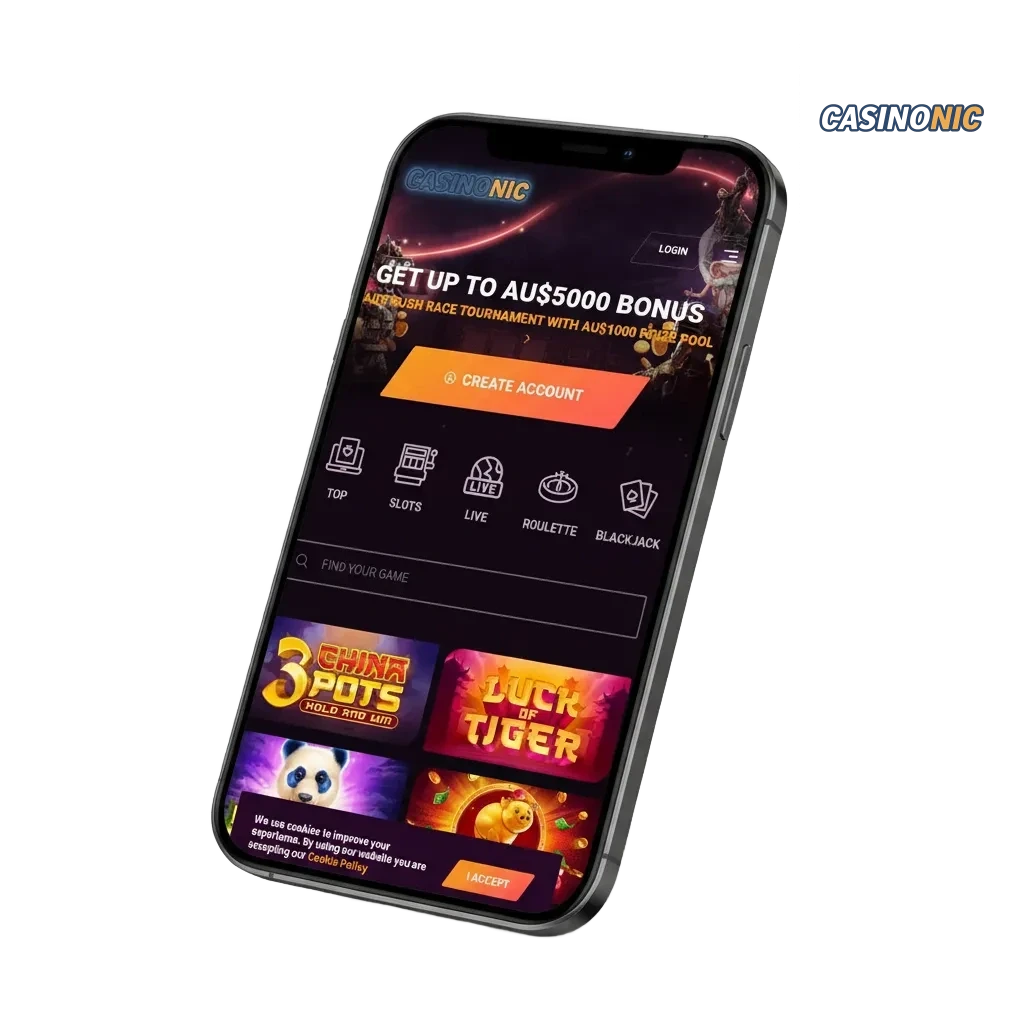 Casinonic app for Android and iOS with multilingual support, payment logos, and full betting and casino features.