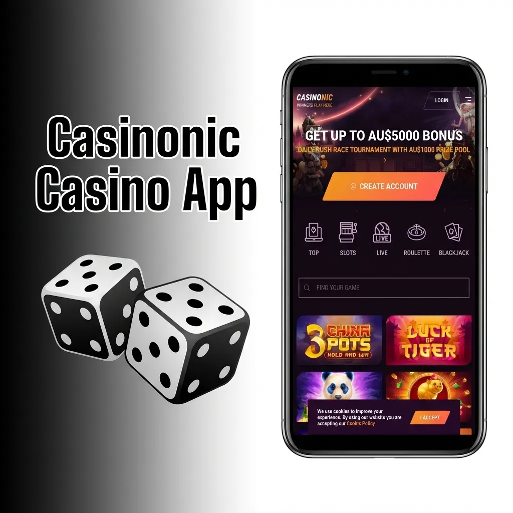 Casinonic Casino app interface showing slots, table games, and live dealer options with quick navigation between sections