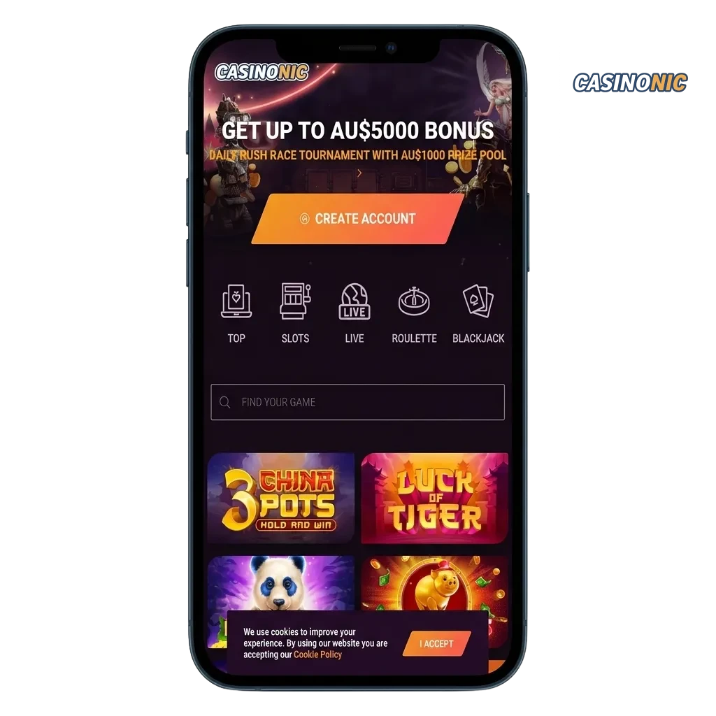 Casinonic mobile app interface showing casino games and payment options for Australian players on smartphones