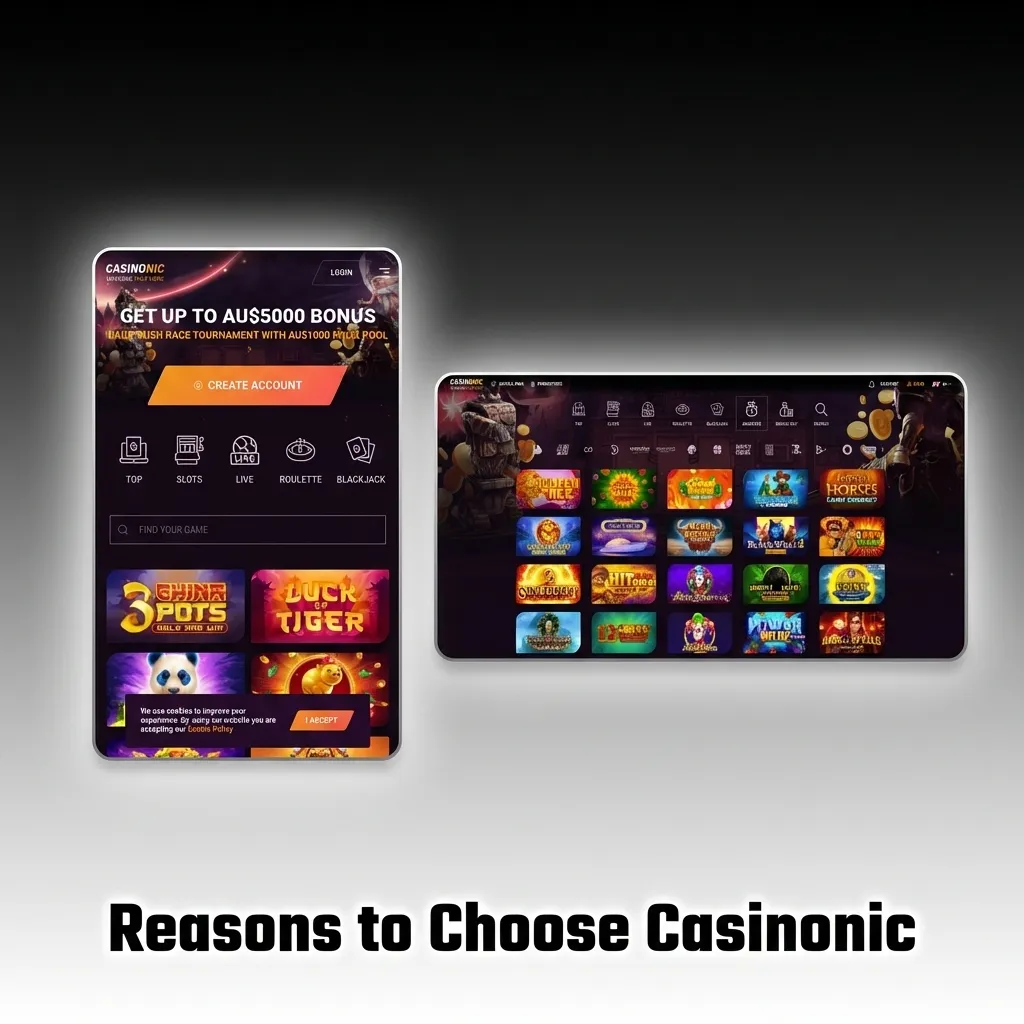Casinonic logo with icons representing instant deposits, live sports betting, casino games, mobile apps, and 24/7 support