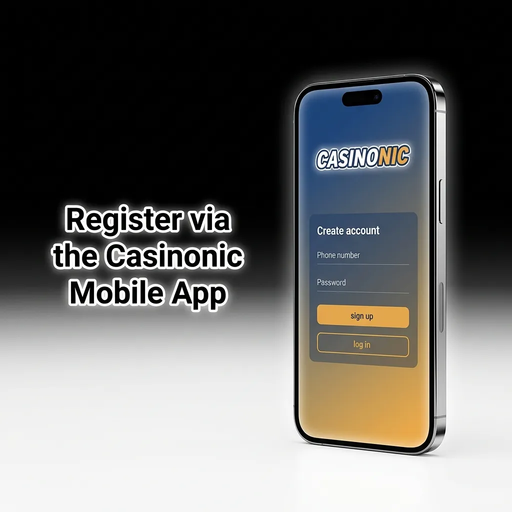 Casinonic mobile app registration screen showing sign-up options including email, phone, social media, and one-click methods