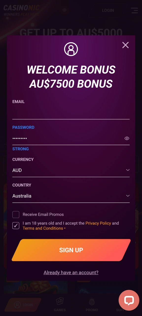 Create your account by completing the quick registration form on the official Casinonic Australia site.