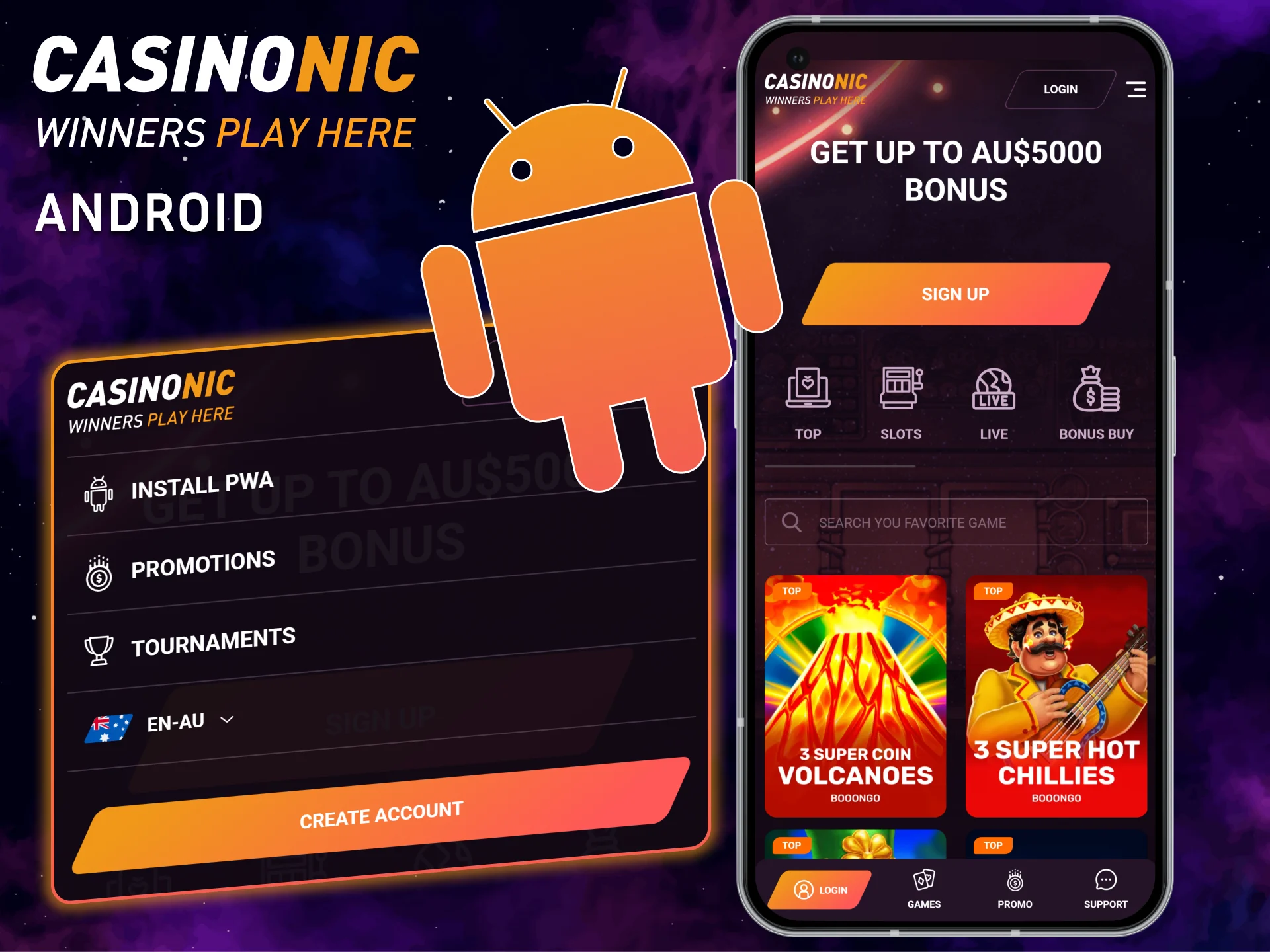 Follow the steps to download for Android and install the secure Casinonic PWA on your smartphone.
