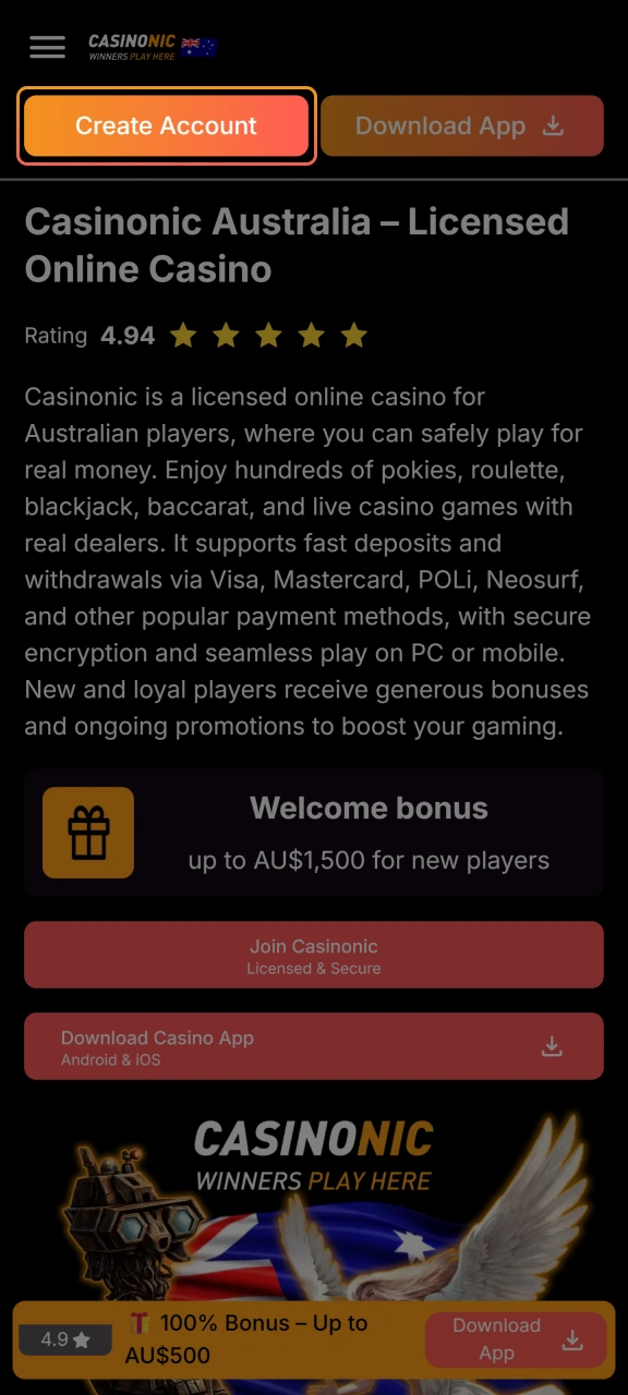 First, click the registration button located at the top of the official Casinonic page.