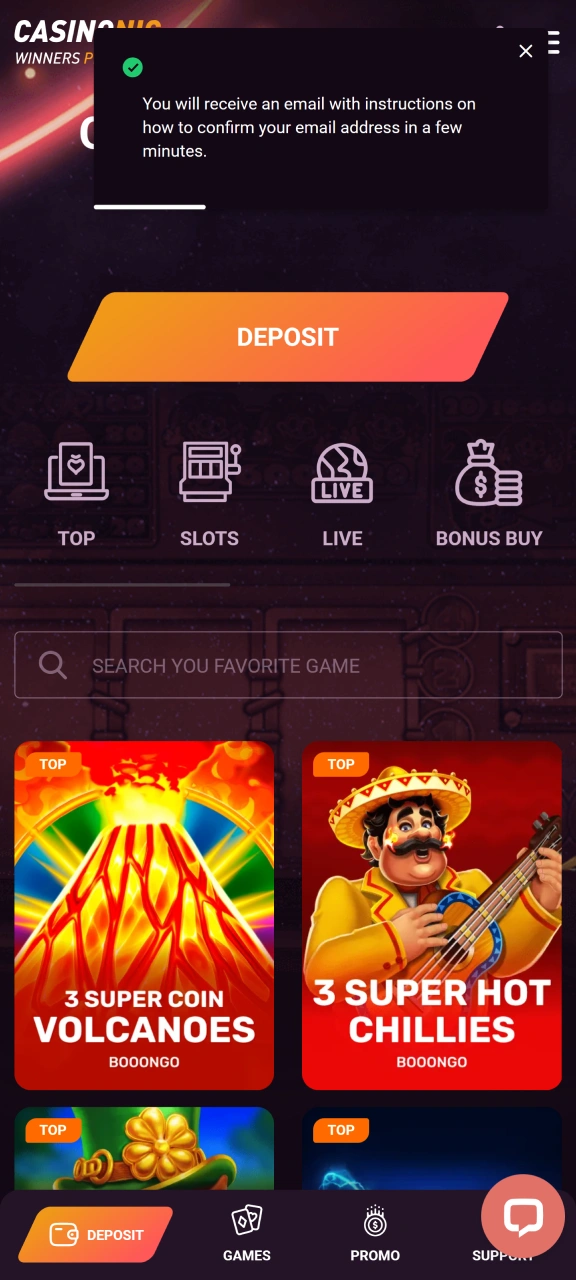Confirm your email by clicking the verification link sent directly to your inbox by Casinonic.
