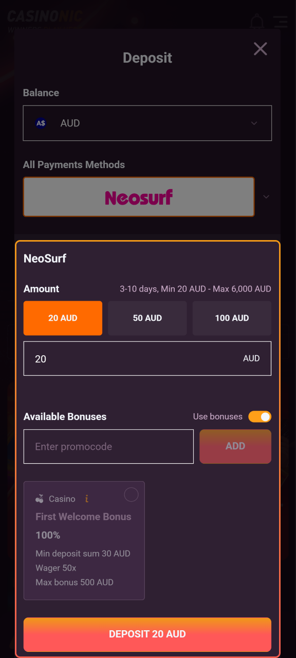 Deposit funds using convenient local banking methods, credit cards, or popular cryptocurrencies at Casinonic.