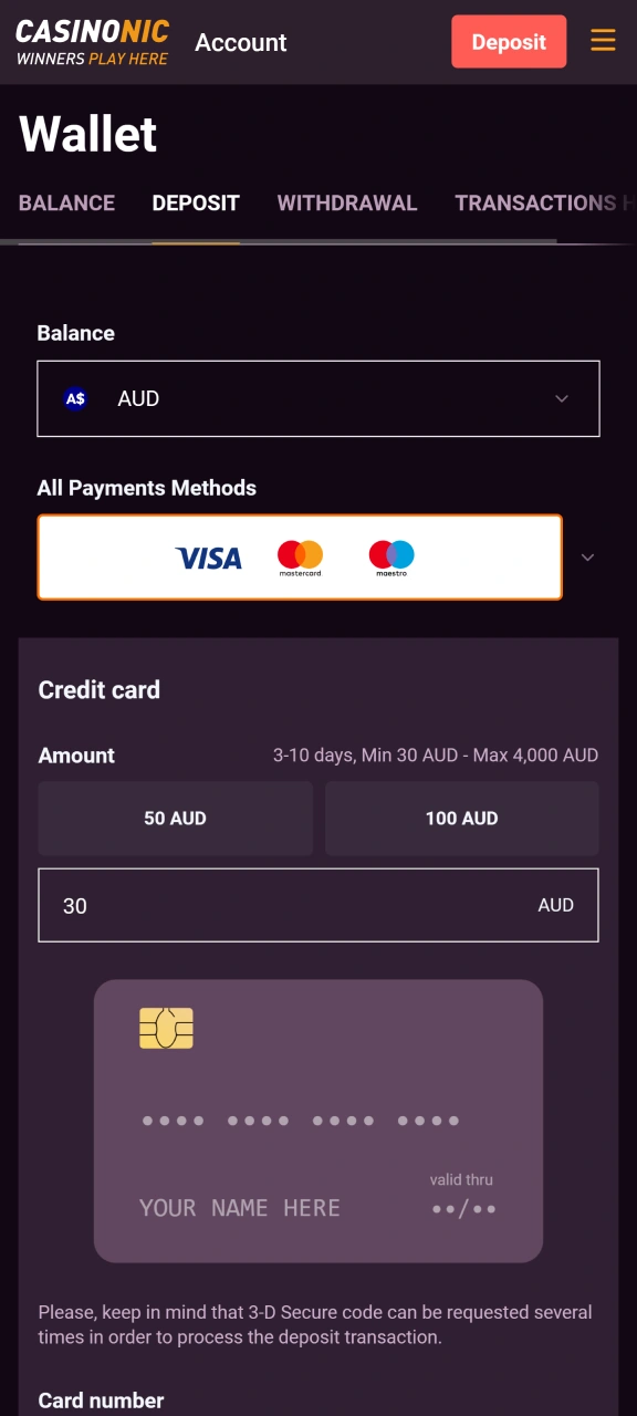 Finally, make your first deposit using secure Australian payment methods to activate your Casinonic profile.