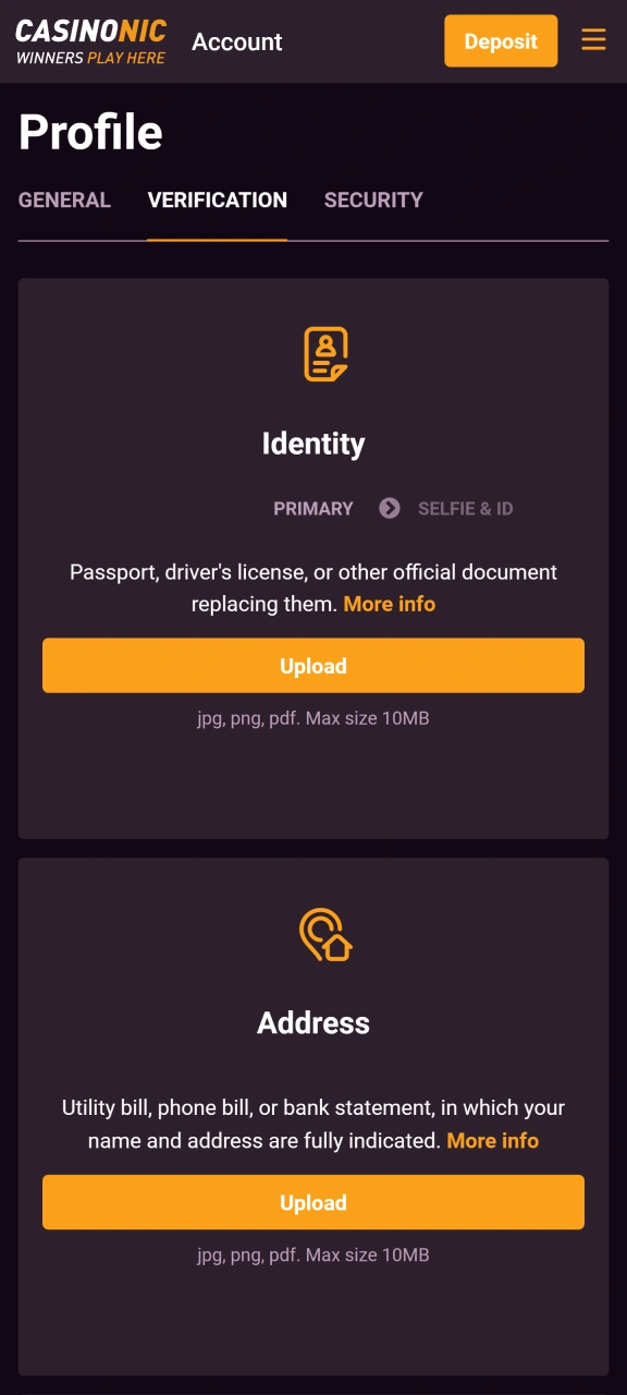 Open the verification section within your personal account settings on the Casinonic platform.