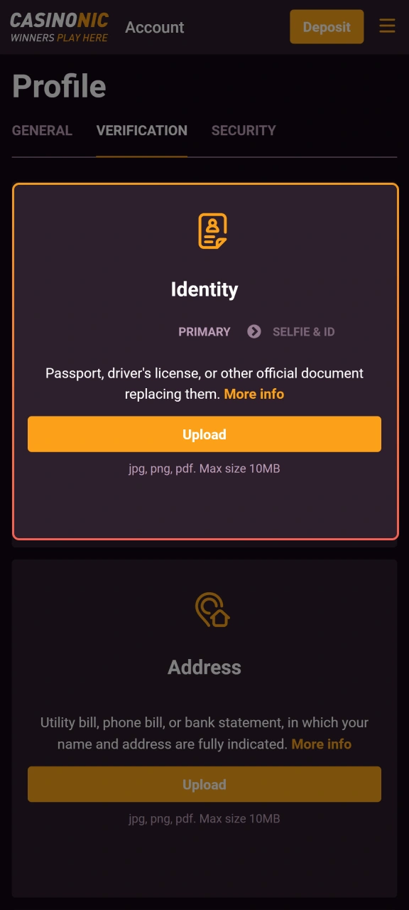Prepare ID documents such as a valid Australian driver's license or passport before starting the Casinonic KYC process.