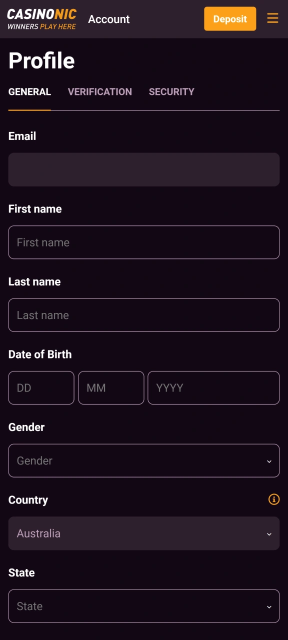Set profile information by filling out your legal name and contact details in the Casinonic dashboard.