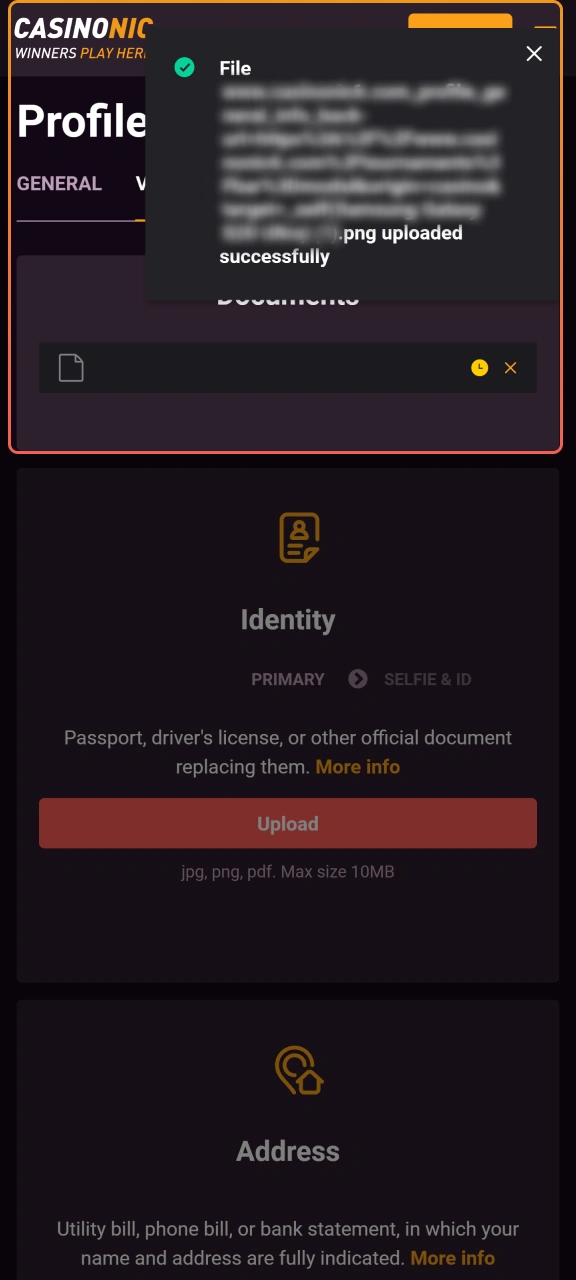 Upload identity photos ensuring all details and text are clearly visible for the Casinonic compliance team.