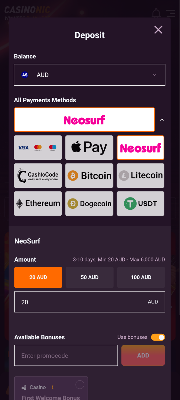 Visit the cashier section located in your main player menu upon logging into Casinonic.