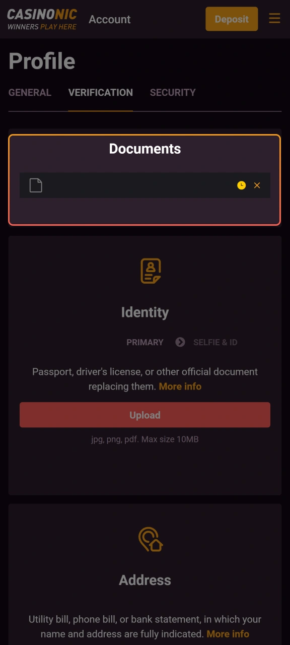 Wait for approval as the secure Casinonic team reviews and verifies your documentation.