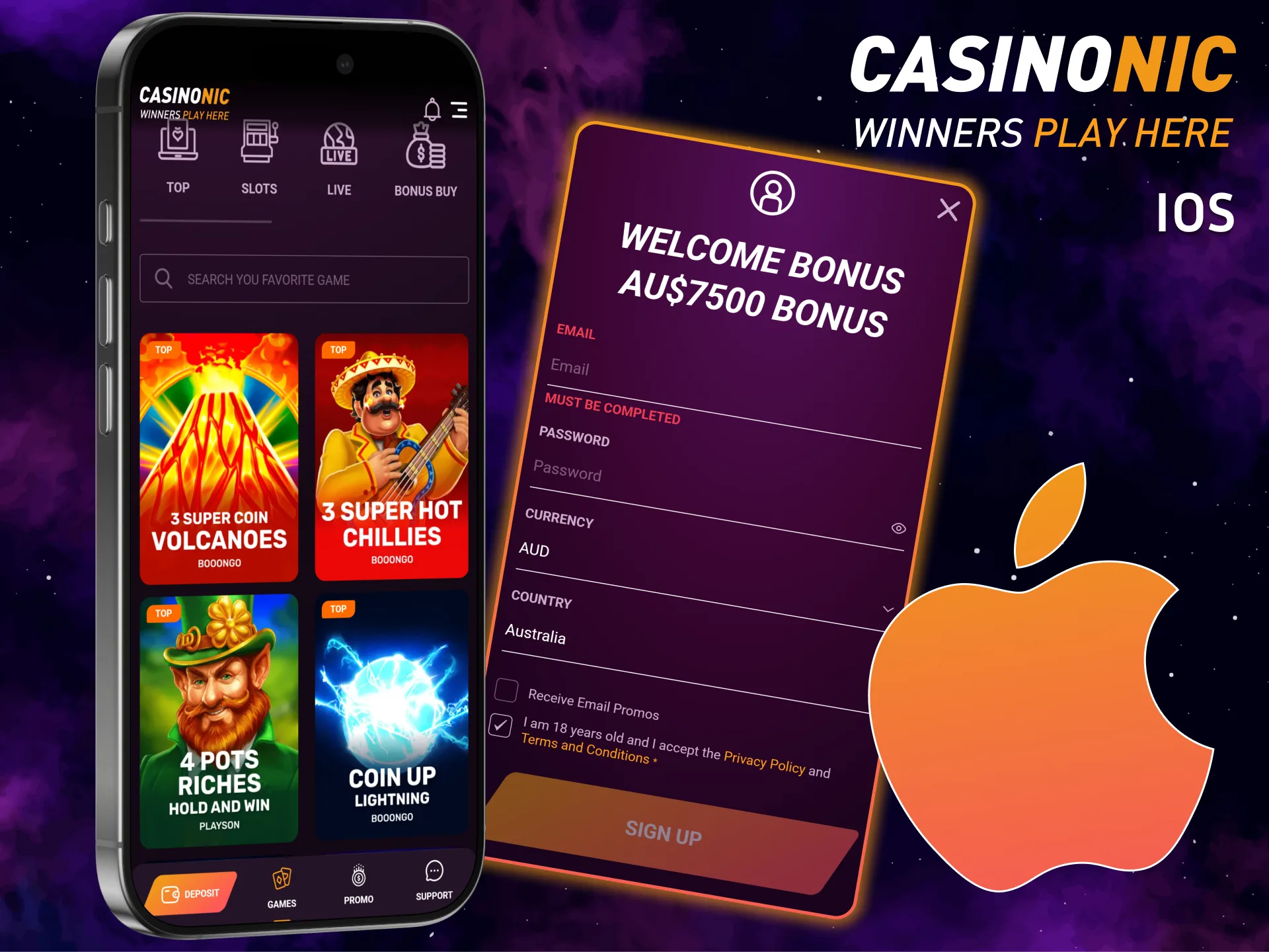 Choose the download for iOS option to add a high-speed Casinonic shortcut directly to your iPhone home screen.