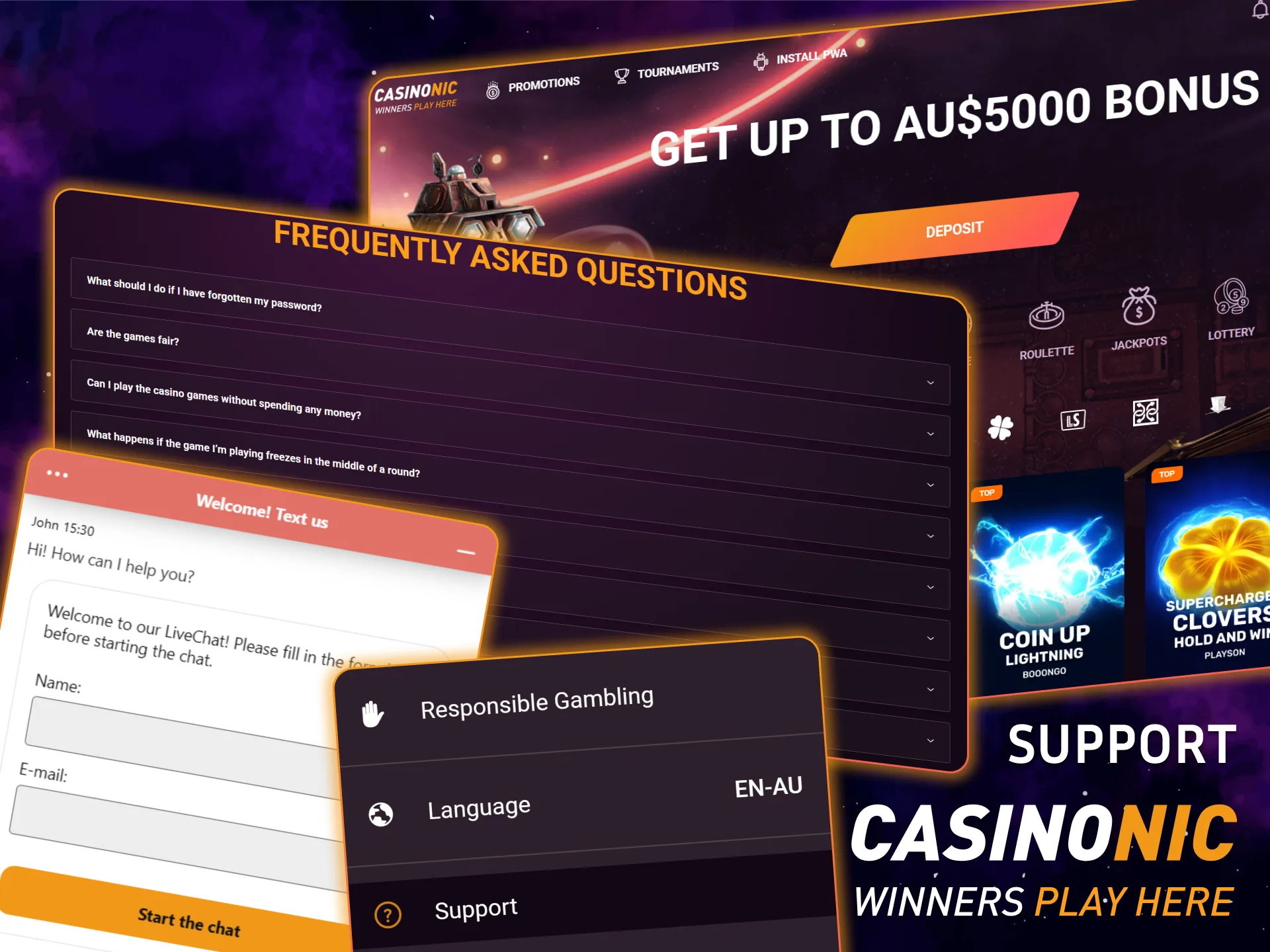 Get immediate assistance regarding any queries by reaching out to Casinonic professional support team.